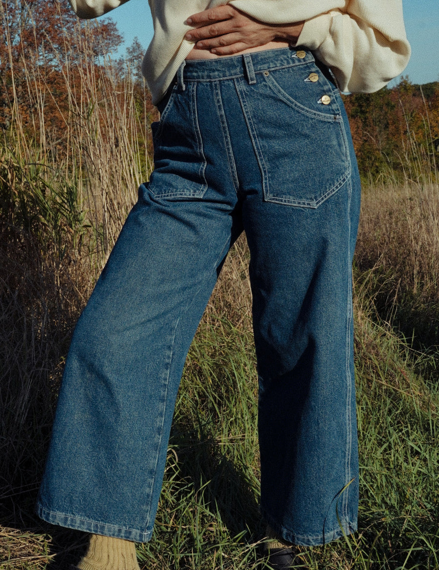 PRE-ORDER - Adult Side Button Jeans - Stonewashed Denim