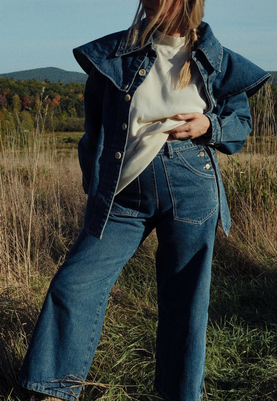PRE-ORDER - Adult Side Button Jeans - Stonewashed Denim