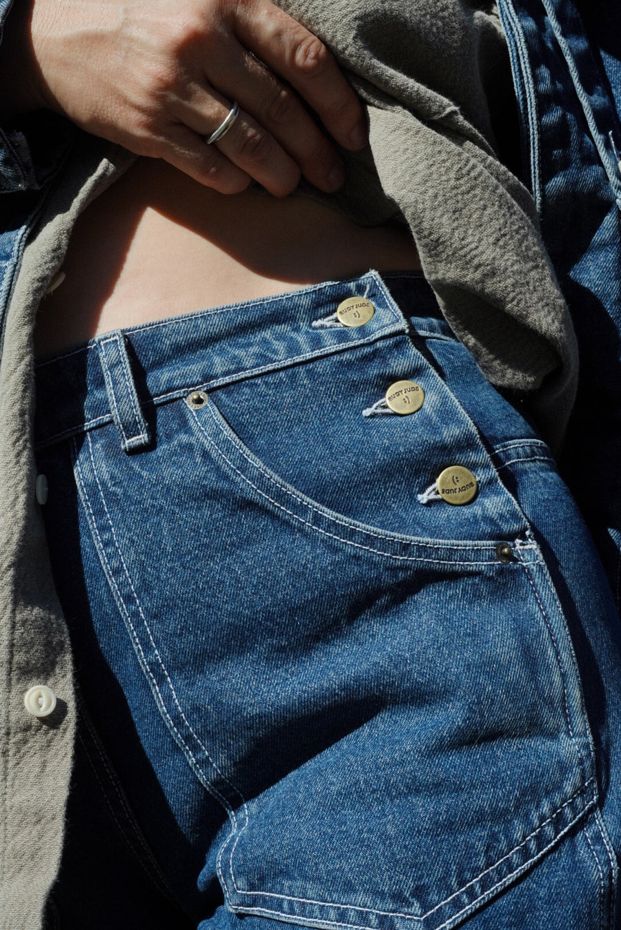 PRE-ORDER - Adult Side Button Jeans - Stonewashed Denim